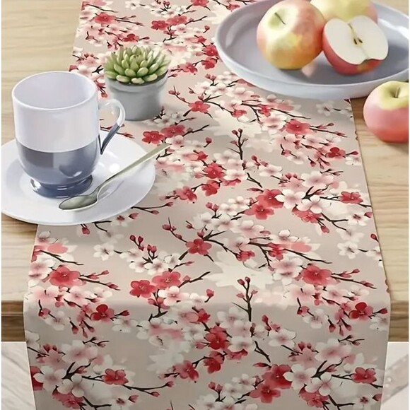 Table Runner 13x72in Woven Polyester Cherry Blossoms Spring - Picture 2 of 3